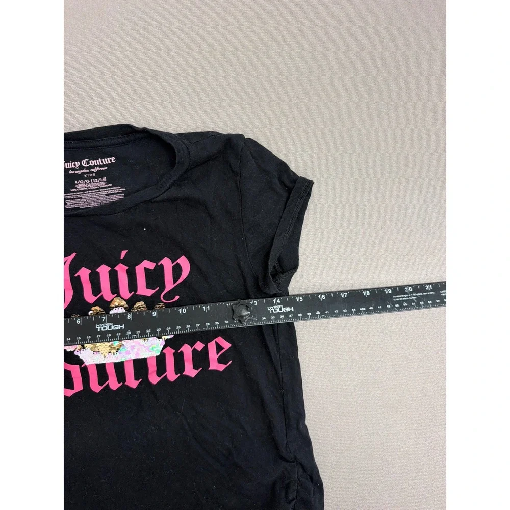 Juicy Couture Kids Girls Black Pink Sequin Crown Logo T-Shirt Size L 12/14